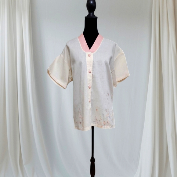 unbranded Tops - Korean Made Linen Cream and Pink Button-Up Blouse with Screen Print Design